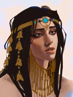 a digital painting of a woman with long black hair and gold jewelry on her head