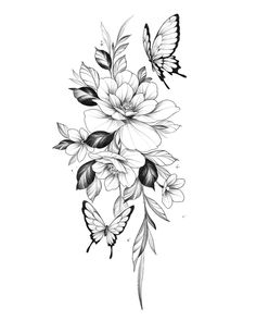 a black and white drawing of flowers with butterflies