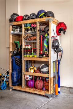 a garage storage unit filled with sports equipment