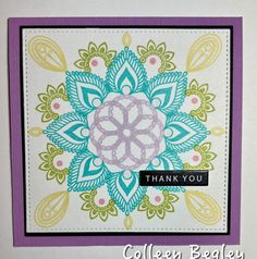 a close up of a thank you card on a white background with purple and green accents