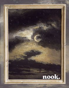 a painting with the word nook written on it in front of a cloudy sky