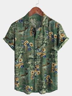 Men's Retro Floral Green Summer Holiday Short Sleeve Shirt – Atlanl Cheap Green Short Sleeve Camp Shirt, Cheap Green Button-up Hawaiian Shirt, Cheap Green Collared Hawaiian Shirt, Cheap Green Cotton Hawaiian Shirt, Green Hawaiian Button-up Shirt, Spring Green Camp Shirt With Floral Print, Green Floral Print Camp Shirt For Spring, Summer Short Sleeve Shirt With Casual Collar, Casual Collar Short Sleeve Shirt For Summer