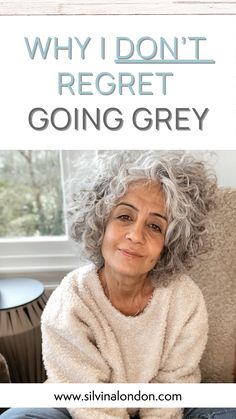 Image of a silver hair beauty with a short hair cut for women. The text reads "why I don't regret going grey." The woman is Silvina Neder who owns gray hair product healthy brand silvina LONDON. Natural Silver Hair, Grey Hair Looks, Flip The Script, Hair Transition, Going Grey