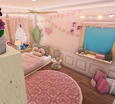 a room with a bed, dresser and pink rug