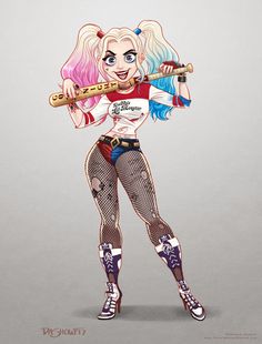 a drawing of a woman with pink hair holding a baseball bat and wearing fishnet tights