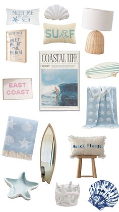 an assortment of beach themed items including pillows, blankets, and other things to put on the wall