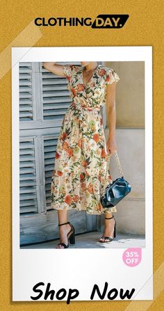 V-neck Floral Print Chiffon Long Dress