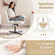 a woman sitting in an office chair with her foot on the desk and text explaining how to use u - shaped cushion