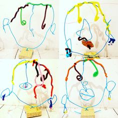 three pieces of art made out of string and wood with different colored faces on them