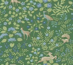 a green floral wallpaper with deer and flowers