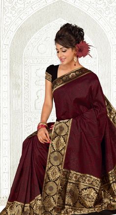 Banarasi Silk #Saree$93.00 Silk Saree Look, Red Banarasi Silk Saree, Hindu Clothing, Round Neck Blouse, Indian Princess, Black Brick, Banarasi Silk Saree, Printed Saree, Saree Look