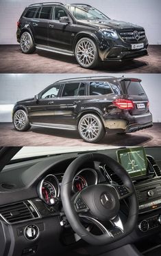 the inside and outside view of a mercedes gl class suv, with three different views