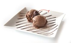 two scoops of chocolate ice cream on a white plate