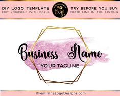 a pink and gold frame with the words business name your tagline on it, in front of a white background