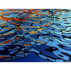 an abstract painting with blue, orange and yellow colors on the water's surface