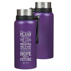 two purple stainless steel water bottles with bible verse