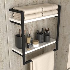 a bathroom shelf that has some toiletries on it