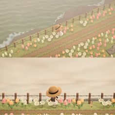 two pictures with flowers and a person in a hat looking over a fence at the ocean