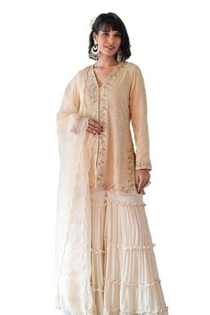 Ivory jacket style kurta with floral cutdana and thread embroidery. Paired with a tiered sharara and embroidered dupatta. - Aza Fashions Embroidered Dupatta, Sharara Set, Organza Dupatta, Women Kurta, Straight Kurta, Thread Embroidery, Set Women, Aza Fashion, Set For Women