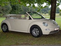 a white convertible car parked under a tree