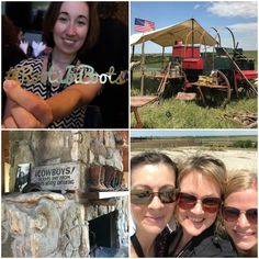 four different pictures show people posing in front of an old farm tractor and other things