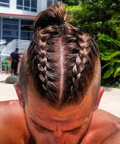 2 Braids Men, Stylish Braids, Viking Hairstyles, Braided Man Bun, Two Braid Hairstyles