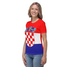 Let the world know that you are proud to be Croatian. Wear your Croatian Pride with this all-over print shirt featuring the colors of the Croatian flag. Support your country in style with our Croatia t-shirt for women, created exclusively for Croatians and those who love Croatia. View more Croatia items + PRODUCT DESCRIPTION + 70% Polyester, 27% Cotton, 3% Elastane Soft exterior that feels like cotton Brushed fleece fabric on the inside Unisex fit Overlock seams Croatian Flag Shirt / Croatia Sty Red Flag Print T-shirt, Multicolor Flag Print Tops For Independence Day, Independence Day Multicolor Flag Print Top, Croatia Style, Croatian Flag, Porto Rico, Costume Intero, Flag Shirt, T Shirt For Women