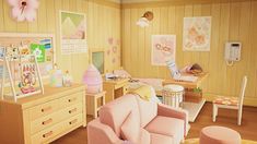 a child's bedroom with pink furniture and decor on the walls, wooden flooring