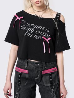 Declare your y2k fashion with Minga London's black off shoulder crop top. Featuring hot pink laces and a edgy black buckle strap. Elevate your punk goth wardrobe. Shop now! Black Off Shoulder Crop Top, Goth Wardrobe, Black Off Shoulder Top, Minga London, Sourpuss Clothing, Black Off Shoulder, Off Shoulder Crop Top, Knitted Tops, Off Shoulder Top