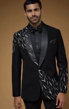 black tuxedo for men.  Fabric: Armani Japanese Embroidery: Different kinds of crystals and metals Luxury Embellished Tuxedo For Wedding, Elegant Black Embellished Tuxedo, Black Embellished Tuxedo For Semi-formal Occasions, Luxury Embellished Tuxedo For Semi-formal Occasions, Semi-formal Black Embellished Tuxedo, Red Prom Suit, Black Tuxedo Wedding, Prom Suits For Men