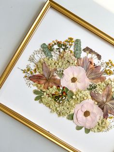 Fall wedding bouquet with dried hydrangeas, lilies and more in a gold vintage frame. Pressed Florals, Vintage Gold Frame, Fall Wedding Bouquet, Flower Pressing, Linen Background, Floral Preservation, Dried Hydrangeas, Hydrangea Bouquet