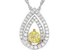 Moissanite Fire® and yellow moissanite 1.01ctw diamond equivalent weight round, Platineve®  pendant with 18 inch Singapore chain. 14k yellow gold over silver settings. Measures  approximately 11/16" L x 1/2" W. and has a lobster clasp. Actual moissanite weight is .84ctw. Yellow Diamond Necklace For Anniversary, Anniversary Yellow Diamond Cut Necklace, Lobster Clasp, Singapore, Yellow Gold, Chain, Yellow, Pendant, Silver