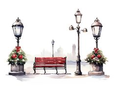 a red park bench sitting next to two street lamps and christmas decorations on top of them