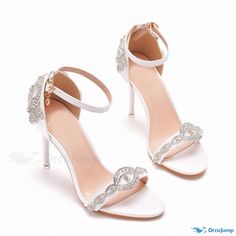 Orcajump - White High Heel Sandals with Glitter Rhinestone Embellishments and Ankle Strap Elegant Closed Toe Sandals With Rhinestones, Embellished Round Toe Sandals For Prom, Elegant Crystal Sandals For Formal Occasions, Elegant Formal Crystal Sandals, Elegant Crystal Sandals With Rhinestones, Glamorous Embellished Crystal Sandals, High Heel Crystal Sandals With Rhinestones, Bedazzled High Heel Sandals For Weddings, Embellished Crystal Open Toe Sandals