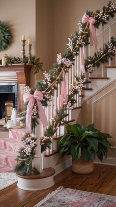 Discover 10 stunning Pink Christmas Decor Ideas to bring warmth, charm, and elegance to your holiday celebrations. Make your home unforgettable this season! Pink Themed Christmas Decor, Pink Christmas Wedding, Christmas Foyer Decor, Pink Christmas Party, Plum Christmas, Pink Christmas Decor Ideas, Christmas Banister, Christmas Foyer, Christmas Staircase Decor