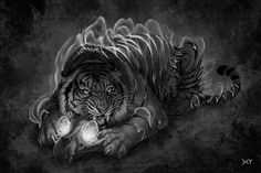 a drawing of a tiger laying on its back holding a glowing ball in its mouth