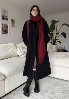 Dark Red Coat Outfit, Dark Winter Outfits Ideas, Dark Winter Outfits Aesthetic, Dark Christmas Outfit, All Black Winter Outfit Classy, Dark Winter Aesthetic Outfits, Black Overcoat Outfit Women, Cozy Winter Aesthetic Outfits, Wimsey Goth Outfit