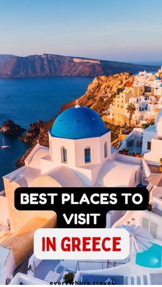 Santorini village with iconic white buildings and blue domes overlooking a cliff at sunset. Places To Visit In Greece, Visit Places, Greece Travel Guide, Hidden Places