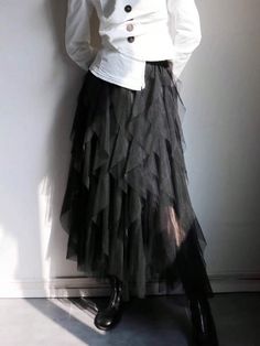 Textured Asymmetric Mesh Tulle Skirt Black Elegant   Fabric Plain Layered/Tiered Non-Stretch  Women Clothing, size features are:Bust: ,Length: ,Sleeve Length: Layered Witch Skirt, Tulle Outfit, Tule Rok, Gonna In Tulle, Tulle Skirt Black, Goth Style, Women Skirts, Blood Moon, Layered Skirt