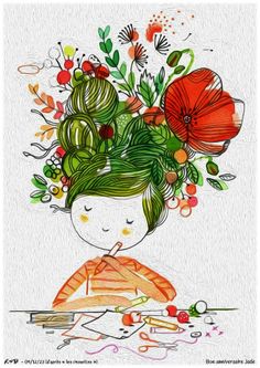 a drawing of a woman with flowers on her head and knitting needles in front of her