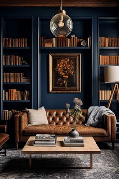 a living room filled with furniture and bookshelves