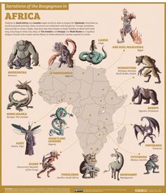 an illustrated map of africa with all the different types of animals and their names on it