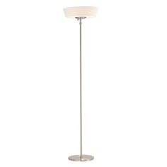 a floor lamp with a white shade on the top and bottom part of it's arm