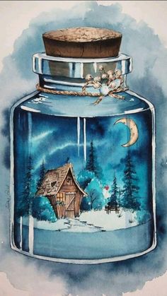 a watercolor painting of a jar with a house in it and a moon on the top