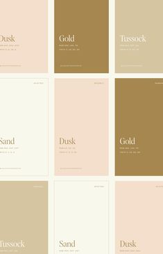 six different shades of pink, beige and white with the words gold in each corner