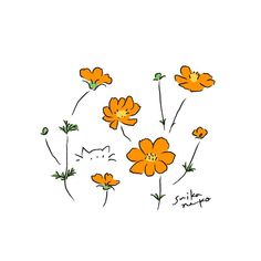 an image of orange flowers with cats drawn on the bottom one side and cat's head in the middle