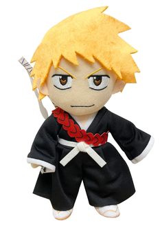 a stuffed toy with an evil look on it's face and yellow hair, wearing a black kimono