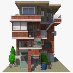 a three story brick building with balconies and stairs