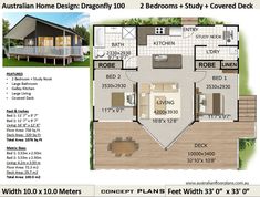 the floor plan for an australian home with 3 bedroom and 2 bathes, covered deck