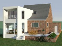 a 3d rendering of a modern house in the grass